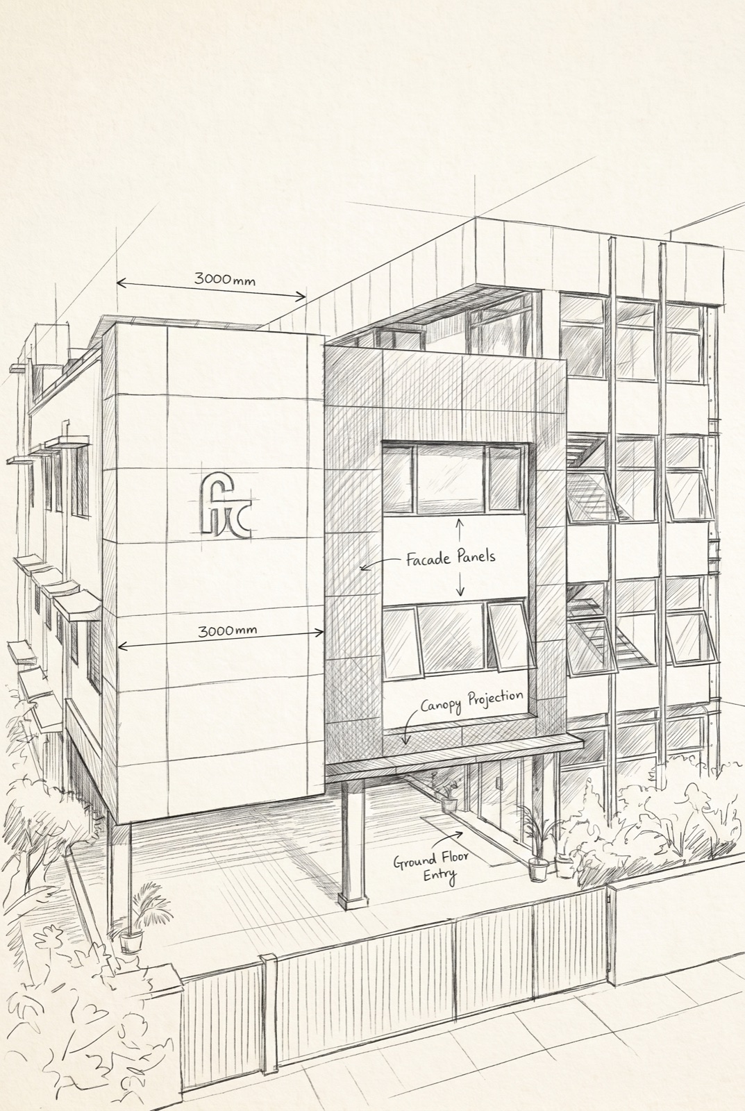 Architectural concept sketch of the Fraser Techno Circuits HQ