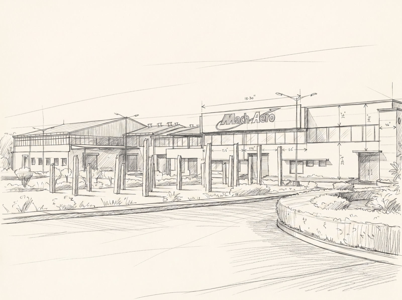 Architectural concept sketch of the Mach Aero factory